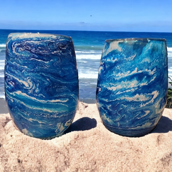 Hand Crafted Other - Ocean Waves / Marbled Stemless Wine Glass Set
